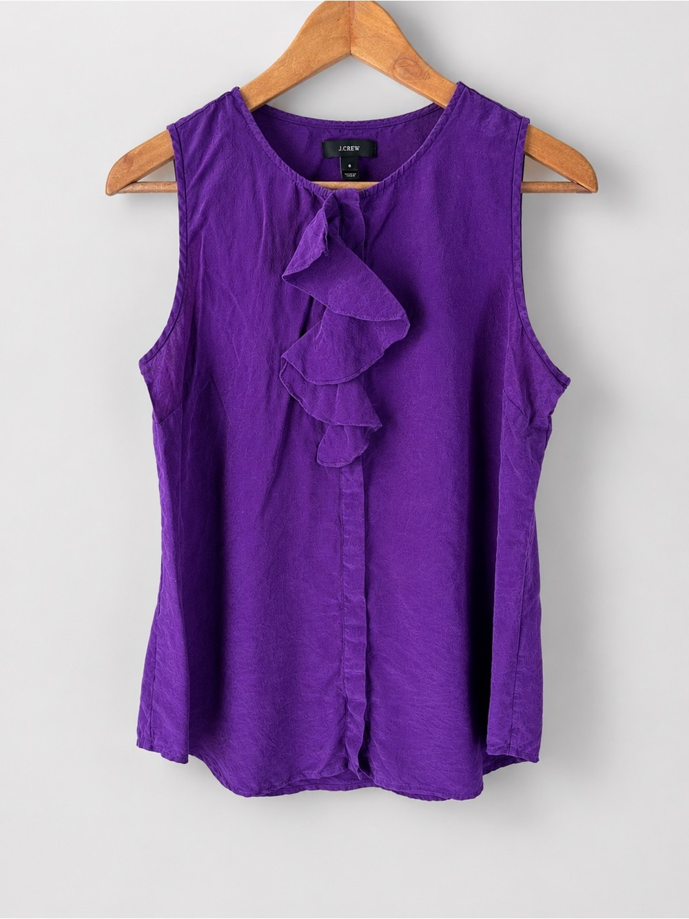 J. Crew Purple Ruffle Front Sleeveless Button Down 100% Silk Top Size 8 Career